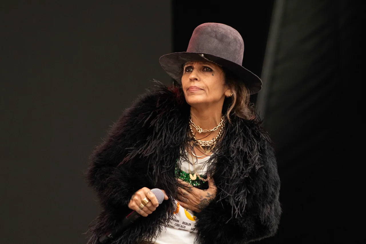 Linda Perry en el escenario con sombrero, abrigo de plumas negras y micrófono en mano