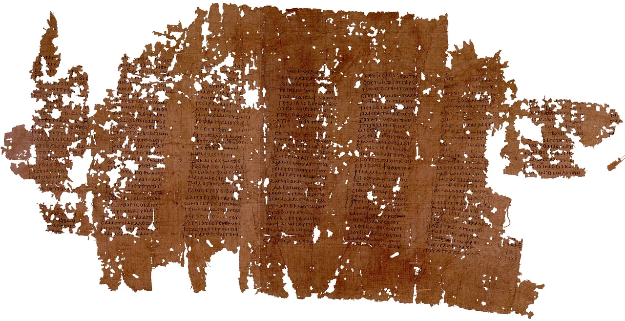Un Fedro en papiro Fragmentos de papiro color café con columnas de texto griego, reconstruidos sobre fondo blanco